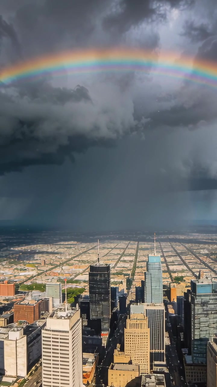 Vertical video: Showing urban skyline from roof while sun breaking clouds making rainbow rain shaft