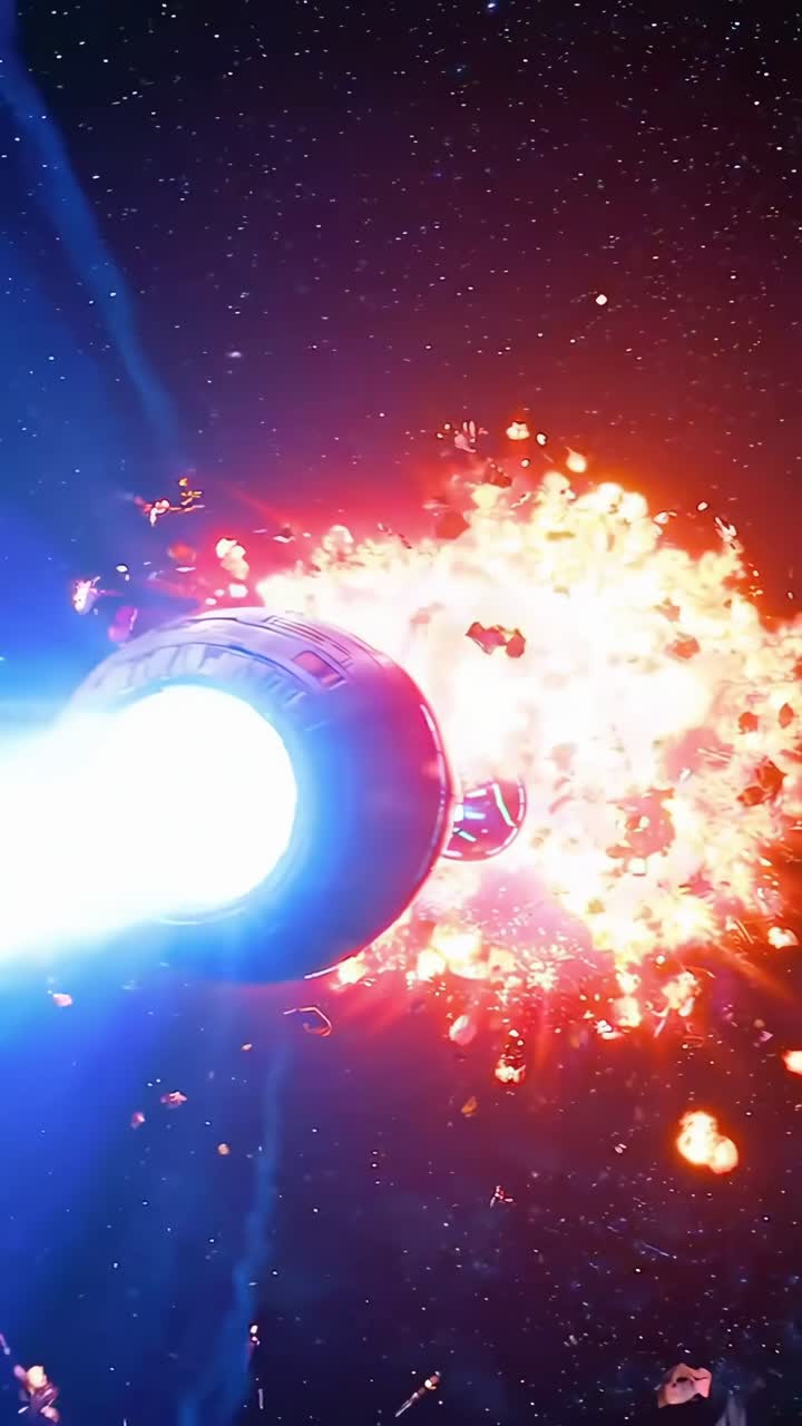 Dynamic low-angle video shot of a futuristic rocket soaring through space with fiery explosions