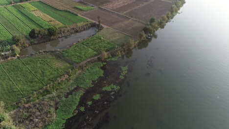 Toma-Aérea-Del-Río-Nilo-De-Egipto-En-El-Cairo,-Rodeada-Por-Las-Verdes-Tierras-Agrícolas-Del-Valle-Del-Nilo-Junto-A-Giza-Y-El-Delta-Del-Norte-De-Egipto.