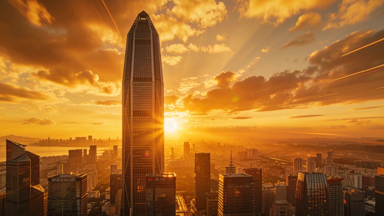 Alta torre di vetro che cattura i raggi cangianti sulla città al tramonto, con il sole che appare dietro il vetro a specchio.