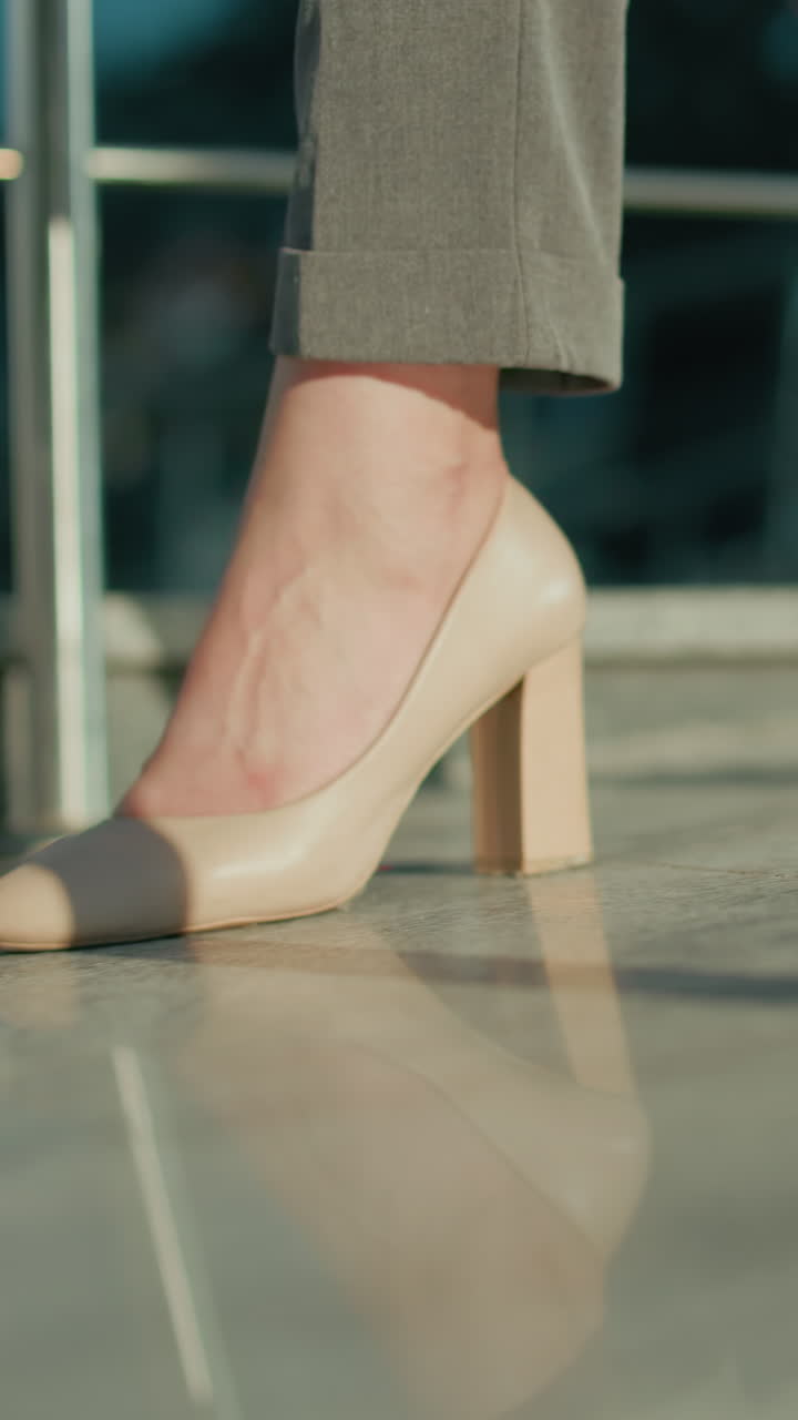 Leg view of woman in heels walking on shiny tiled floor, sunlight casting clear reflections and shadows, dressed in formal trousers in professional setting with metal railings and polished walkway