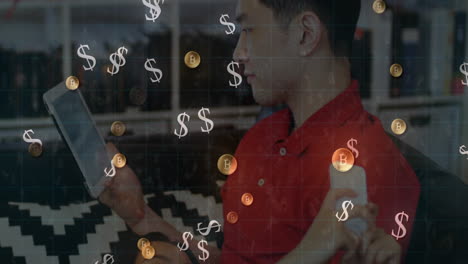 símbolos de bitcoin y dólares flotando sobre las líneas de la red contra la pareja usando dispositivos electrónicos en el hogar