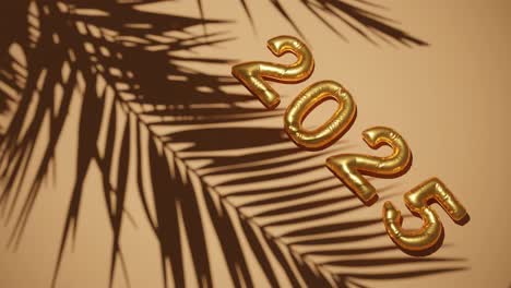 greeting happy new year 2025 with gold background and palm tree gentle breeze , tropical holiday concept 3d rendering