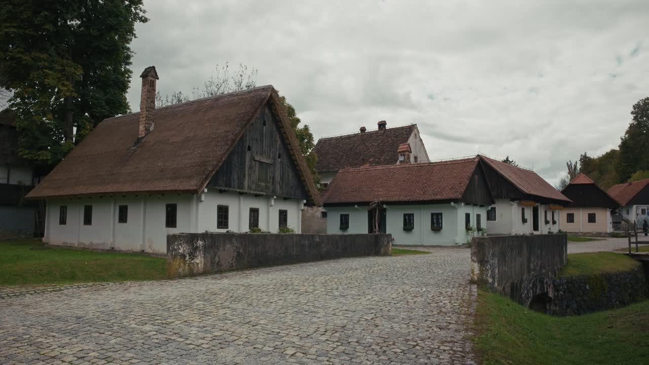 Charming Old Village with Thatched Roof Houses and Cobblestone Street