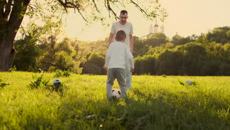 father and child play football standing on the field at sunset. the boy strikes the goal. the father of the goalkeeper is on the gate the child strikes the ball.