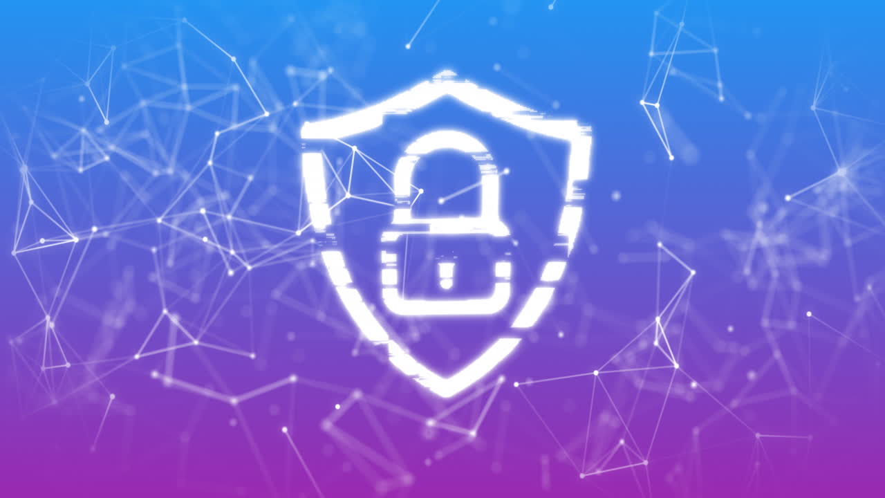 animación del icono del candado y la red de conexiones sobre fondo azul