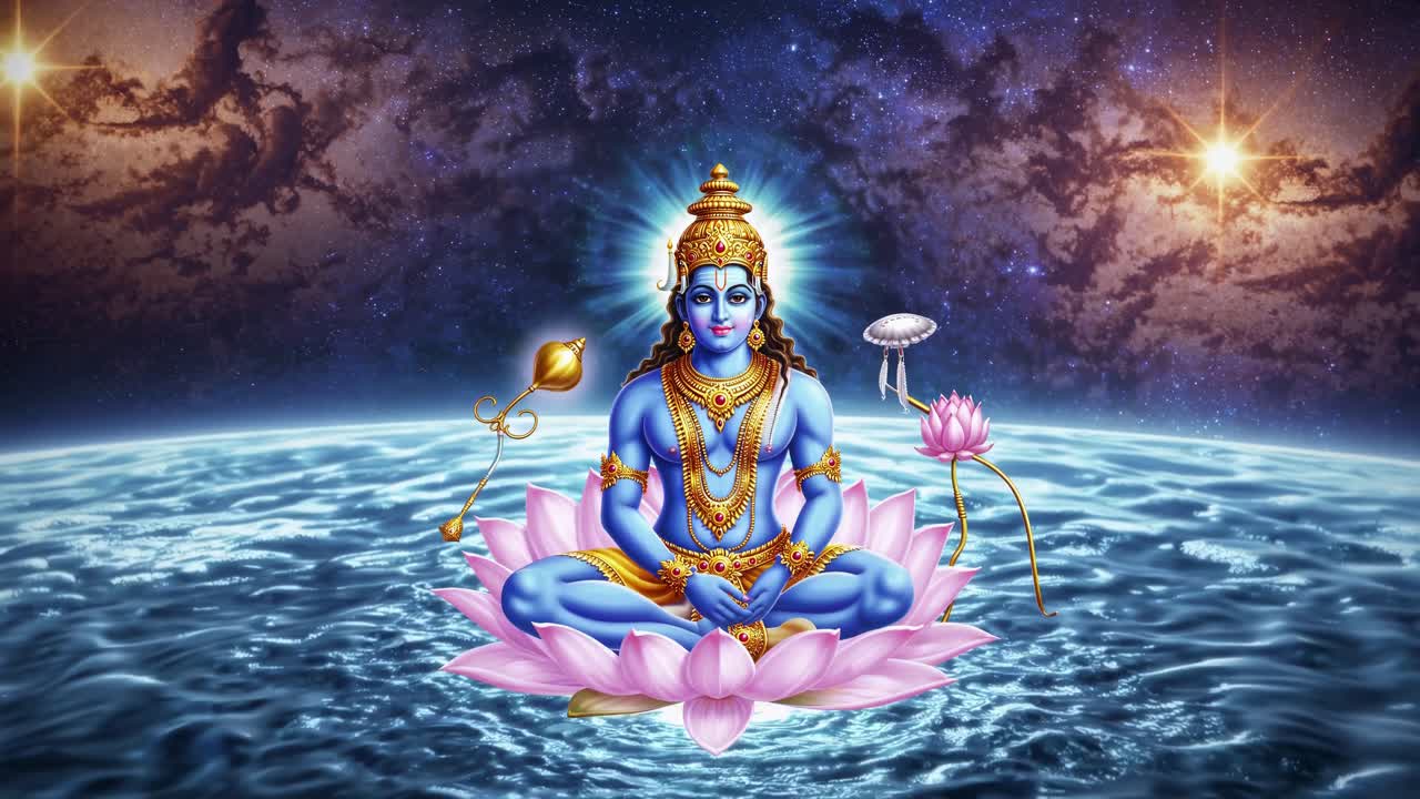 A cosmic-themed video still of a deity in meditation on a lotus, set against a starry sky