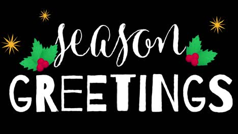 animation of season greetings text with christmas decorations on black background