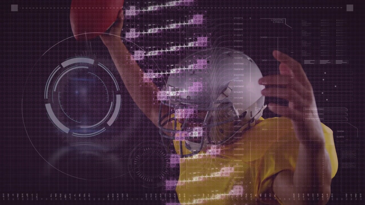 Animation of data processing with dna strand over caucasian male american football player