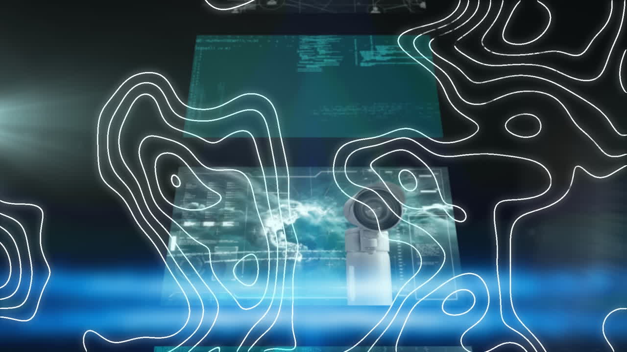 Digital animation of topography against multiple screens with data processing on black background