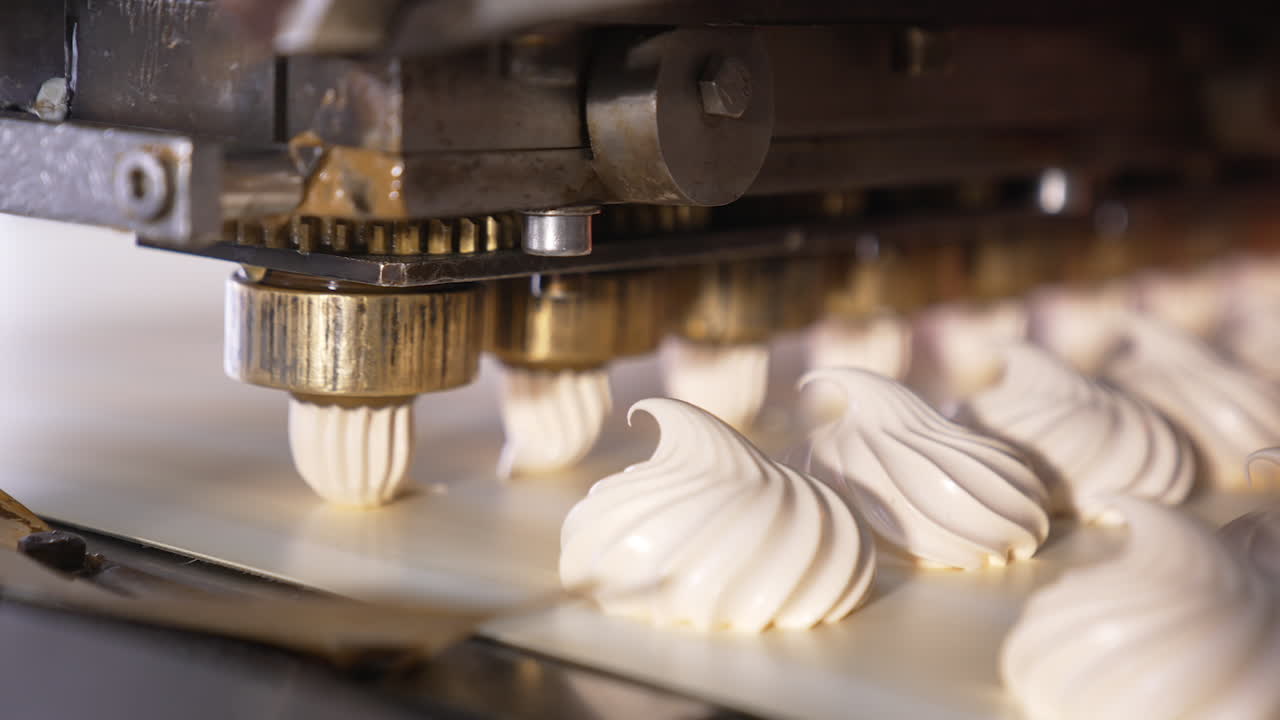 Spinning nozzles of an automatic machine produce marshmallows. Sweet desserts production at confectionary. Close up.