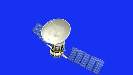 animation of old document disintegrating over satellite with dish and solar panels on blue