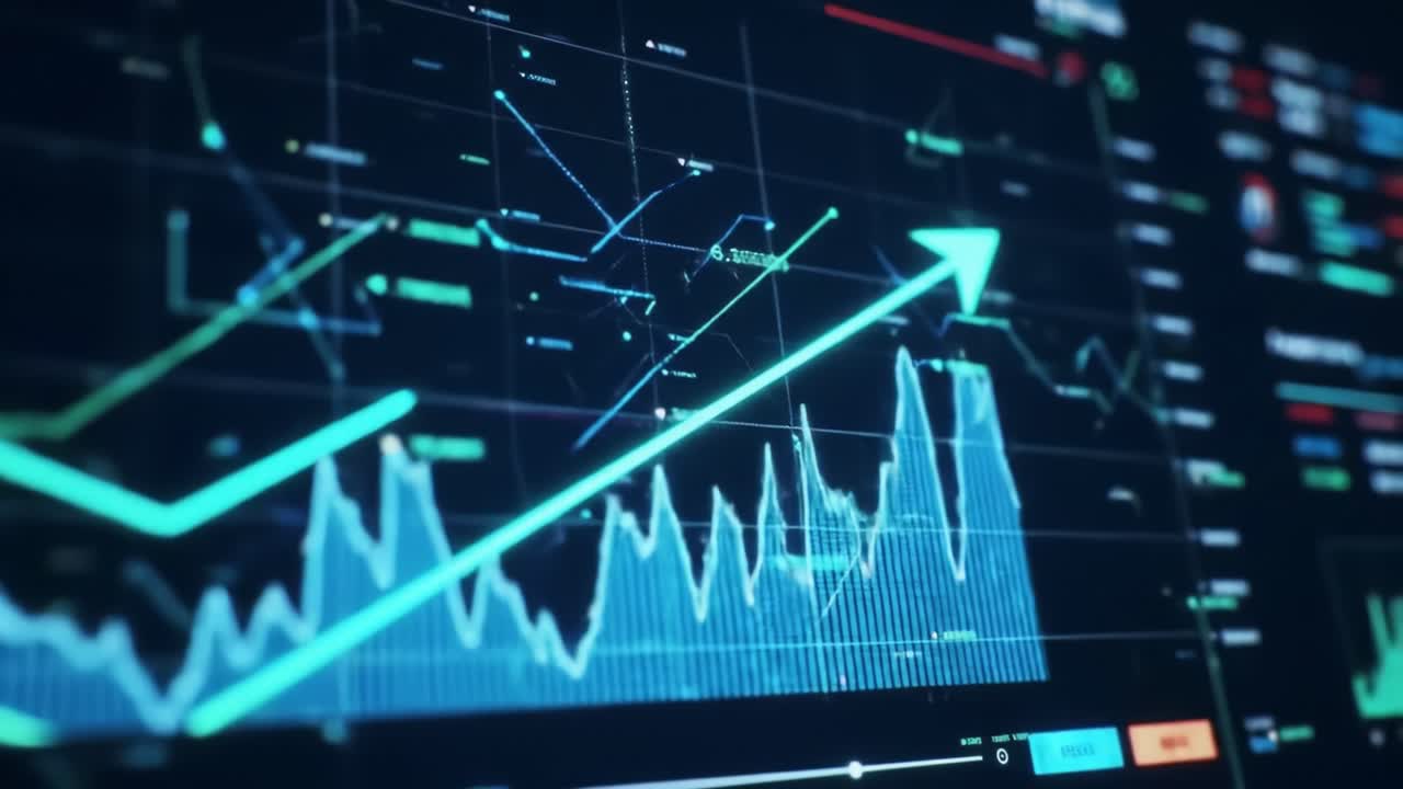 Dynamic Financial Data Visualization Displaying Ascending Trends and Market Analysis Indicators in a High-Tech Interface with Interactive Elements