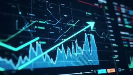 dynamic financial data visualization displaying ascending trends and market analysis indicators in a high-tech interface with interactive elements