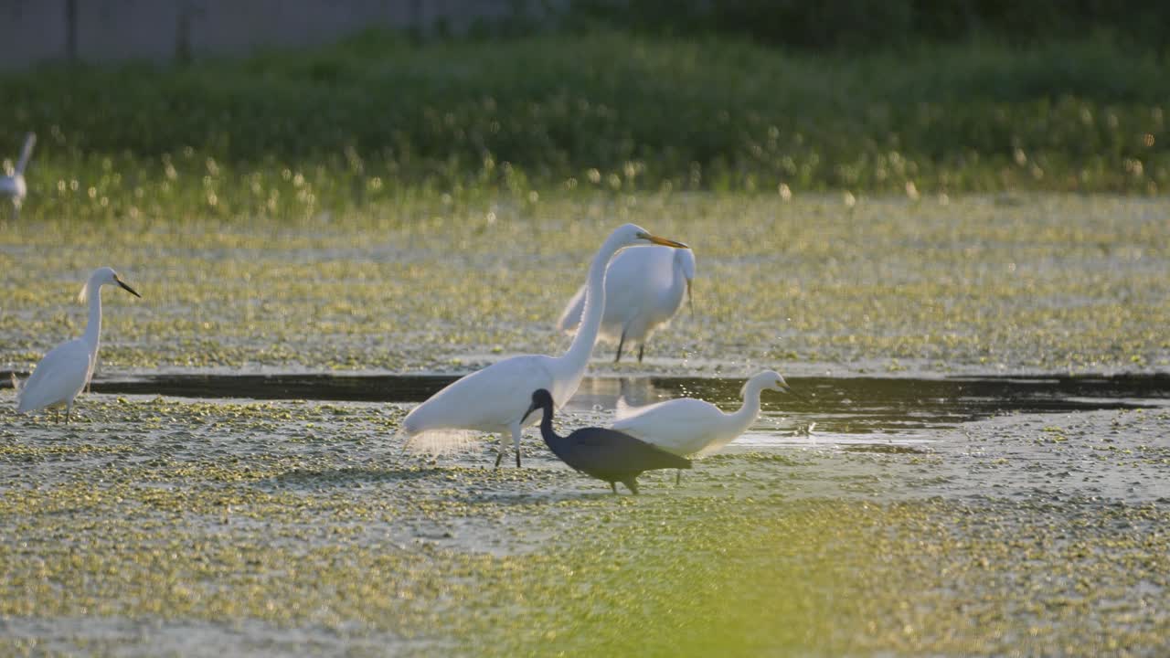 Great Eagrets and little blue heron wading and foraging for food in shallow wetland