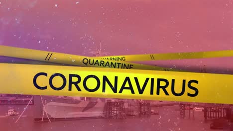 Words-Coronavirus,-Warning-and-Quarantine-written-on-yellow-tape-and-cityscape-in-the-background.-