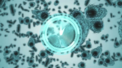 animation of clock and scope scanning over covid 19 and blood cells