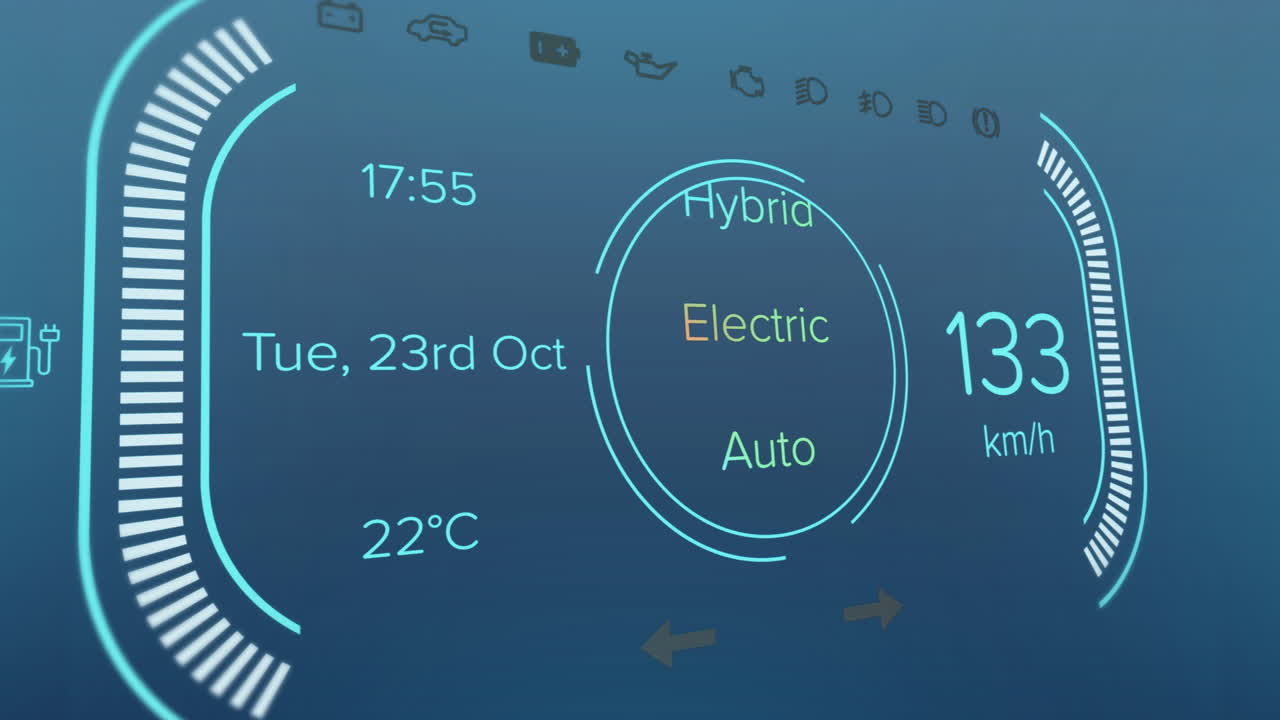 파란색 배경에 전기 자동차 디지털 인터페이스의 애니메이션