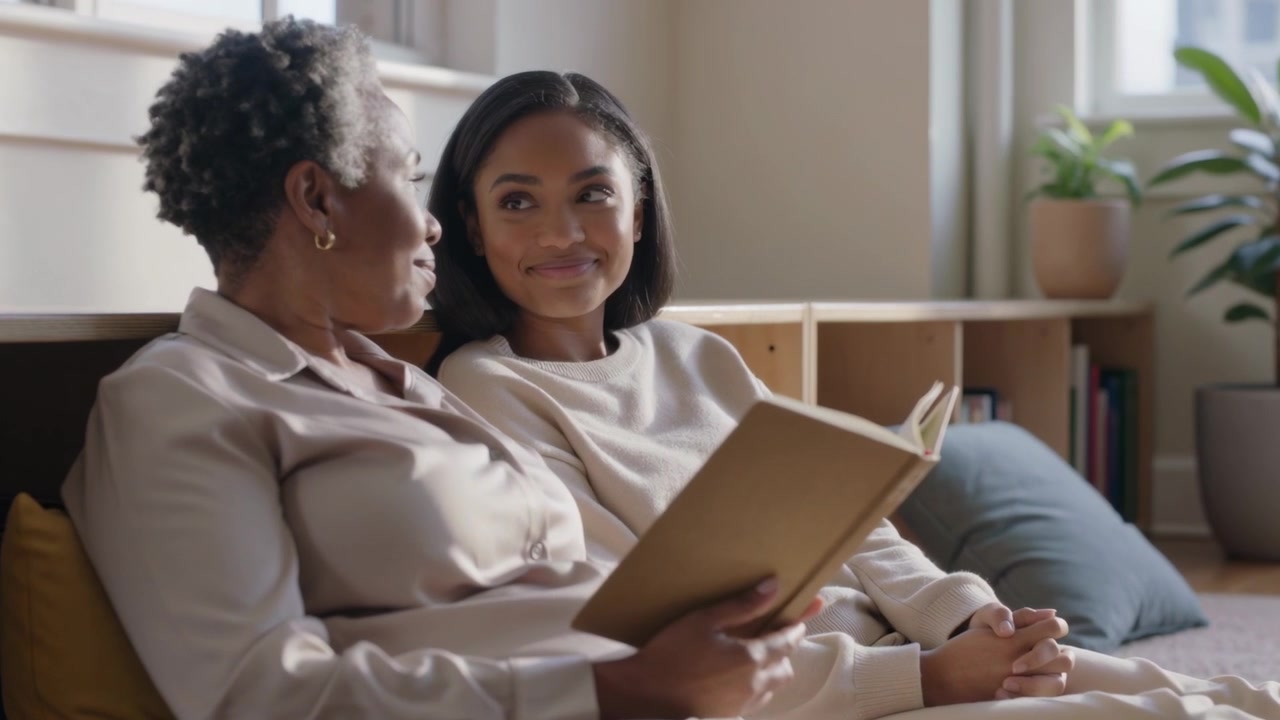 Senior in blouse opening book, daughter in loungewear leaning on living room couch, sharing smiles