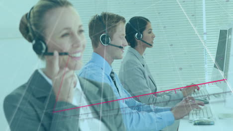 animación de diagrama sobre diversas personas de negocios que usan auriculares telefónicos en la oficina