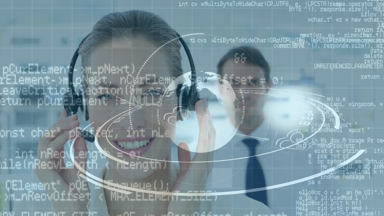 Animazione di elaborazione dati e globo su un gruppo eterogeneo di professionisti che usano auricolari telefonici