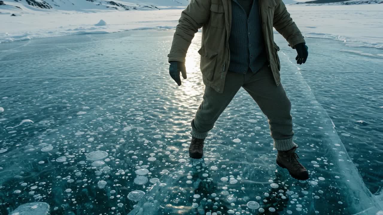 A Figure Skating on Transparent Ice, Surrounded by Bubbles and Snow, Captures the Essence of Winter's Beauty in a Unique Outdoor Adventure Scene