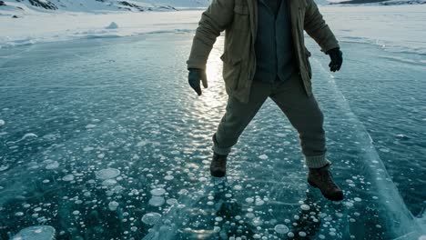 a figure skating on transparent ice, surrounded by bubbles and snow, captures the essence of winter's beauty in a unique outdoor adventure scene