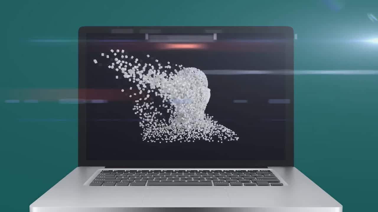 animación de busto humano blanco mostrado en la pantalla de una computadora portátil sobre un fondo verde brillante.
