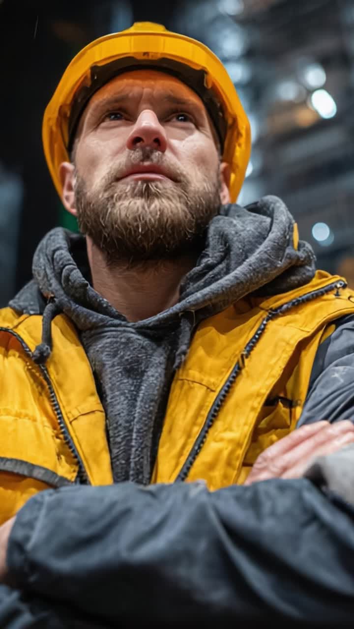 A focused construction worker in a hard hat and safety gear exudes confidence and determination, ready to tackle the challenges of the day ahead on the site