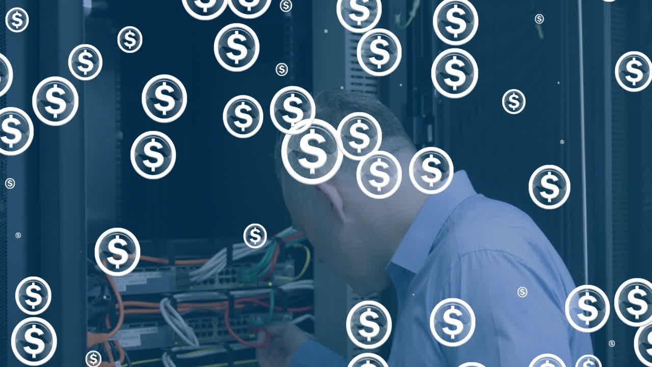 서버 방에 있는 백인 사업가 위에 있는 달러 기호의 애니메이션