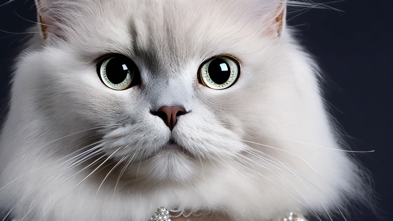 Luxurious white persian cat adorned with sparkling diamond and pearl necklace, posing elegantly against dark backdrop while gazing directly at camera lens