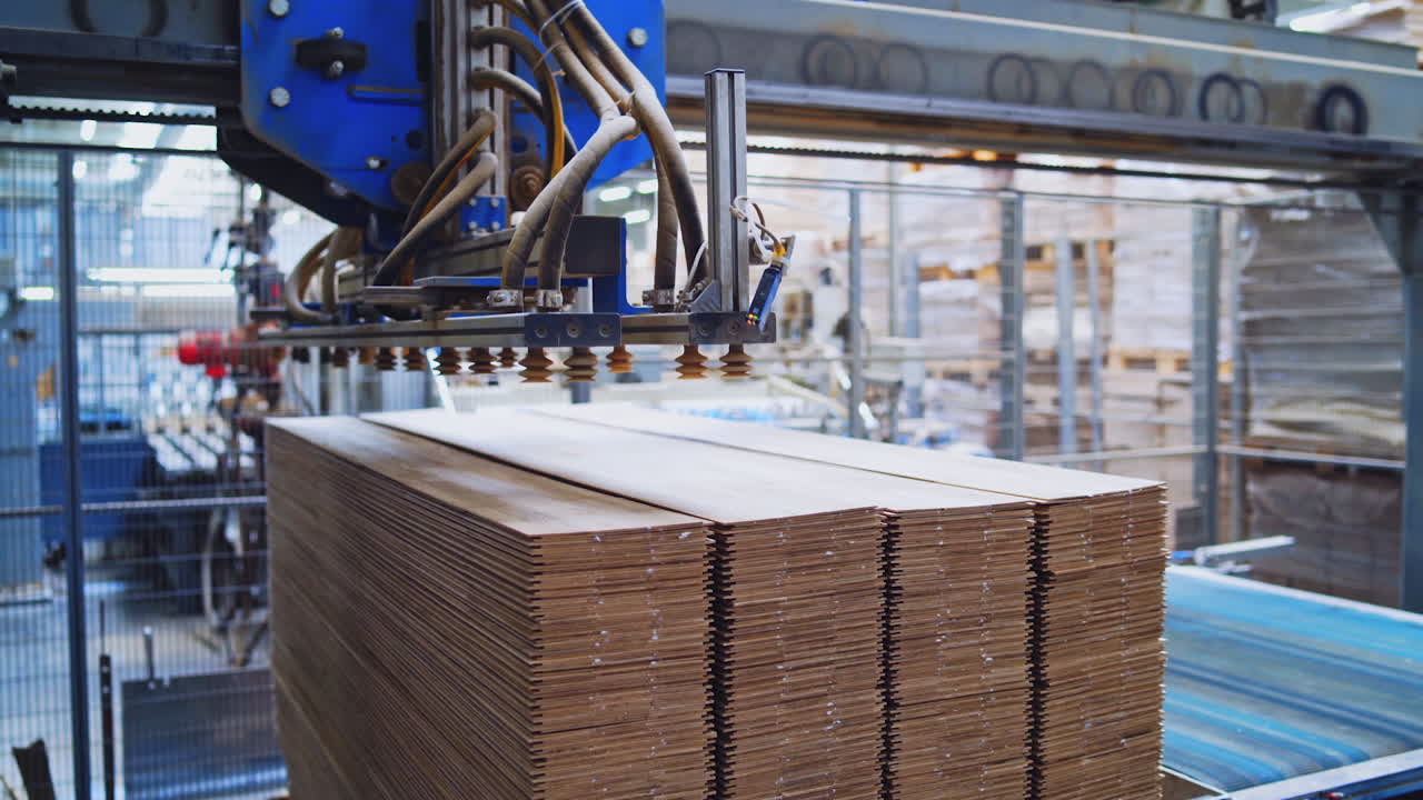 Robotic equipment in the wood factory. Interior of industrial plant for production of wooden furniture. Pile of parquet boards.