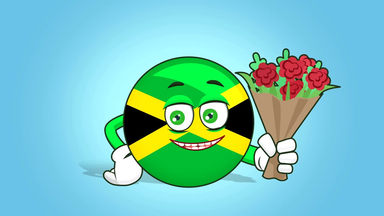 icono de dibujos animados bandera de jamaica cara animación ramo de flores en la mano con luma mate