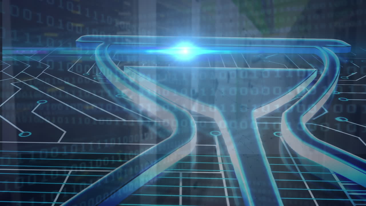 Animation of binary coding, data processing over glowing computer circuit board