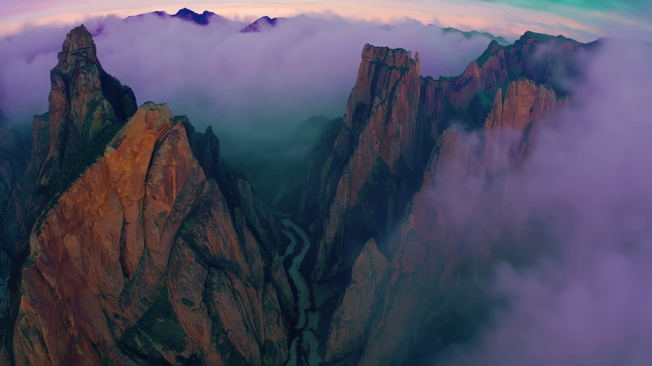 las cimas de las montañas nubladas al amanecer