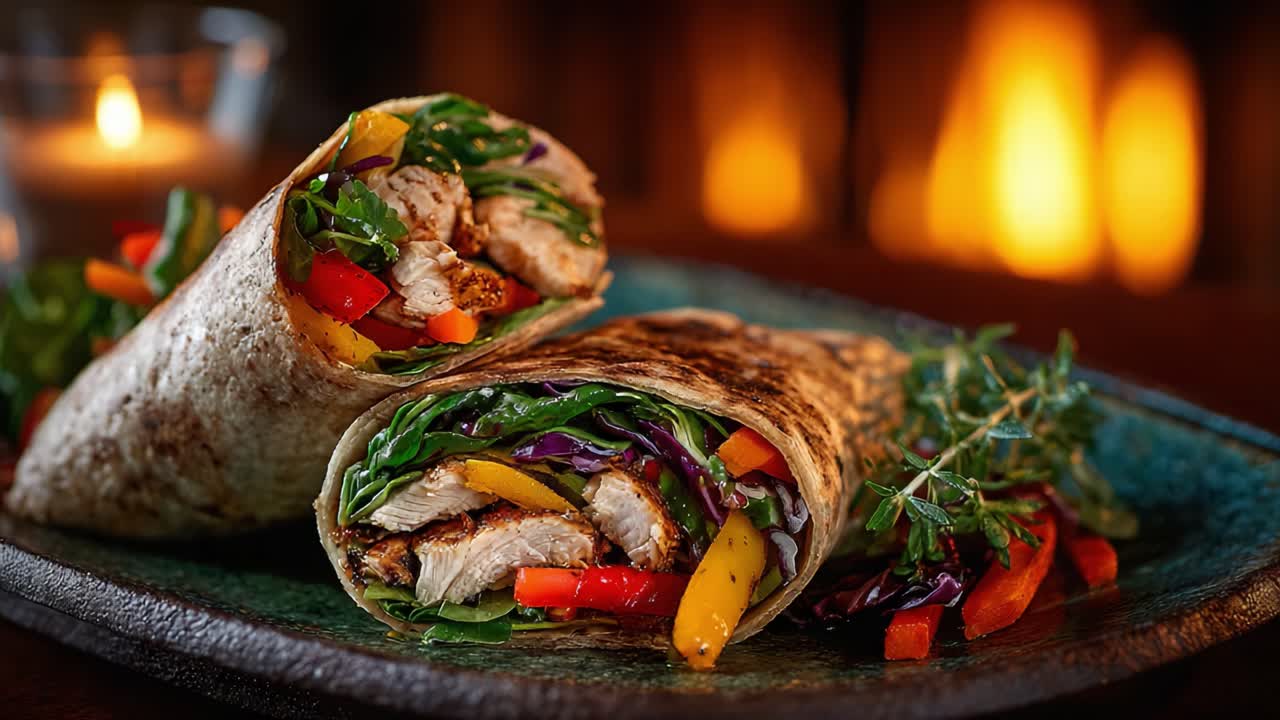 Delicious Grilled Chicken Wraps with Colorful Vegetables and Fresh Greens, Perfectly Grilled and Served on a Rustic Plate with a Cozy Background