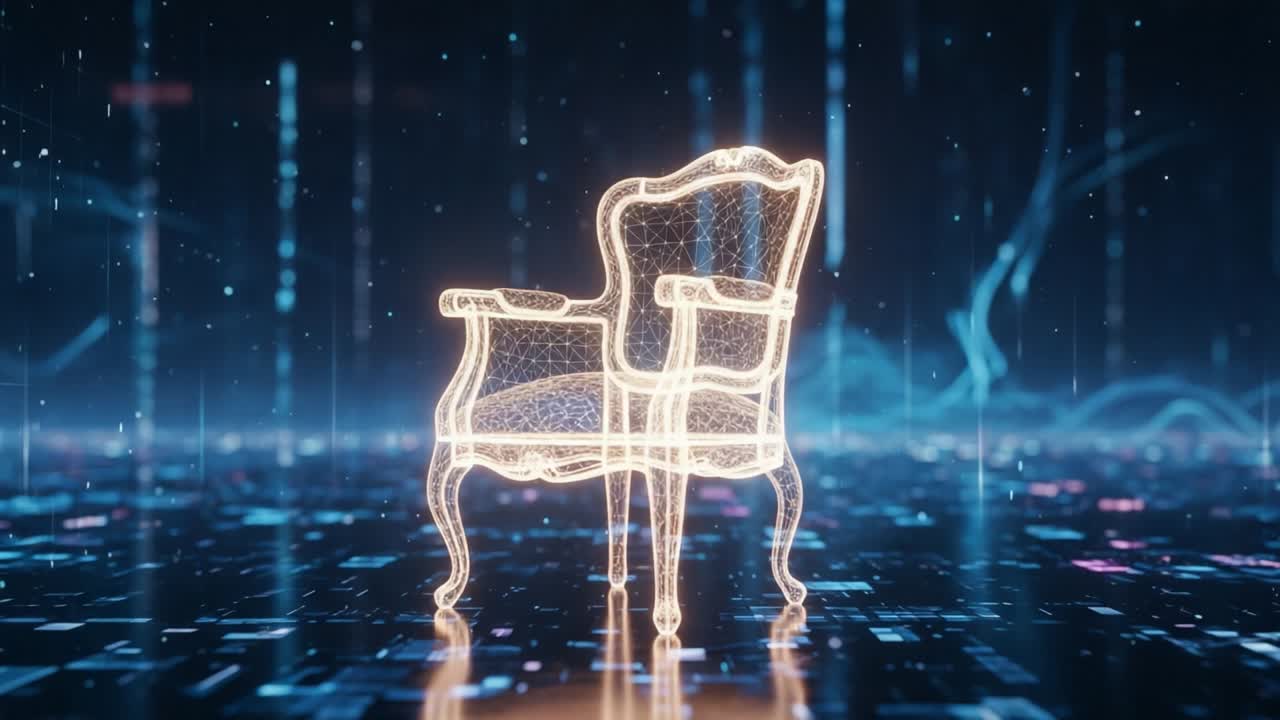A Futuristic Digital Representation of a Decorative Chair Illuminated in Neon Colors Against a Dynamic Background of Data Streams and Light Patterns