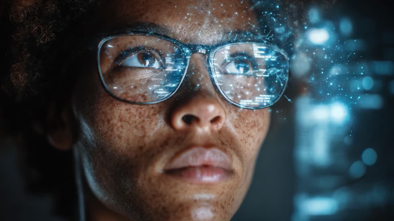 A close-up view of an individual wearing glasses with digital interfaces reflecting in the lenses, representing innovation, technology, and the future of visual communication
