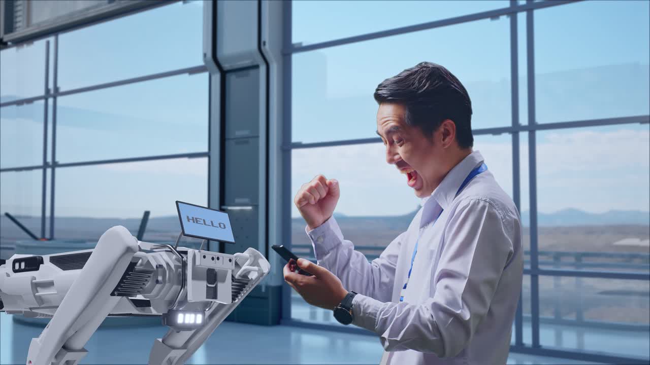 엔지니어가 현대적인 시설에서 로으로 성공을 축하하고 있습니다.