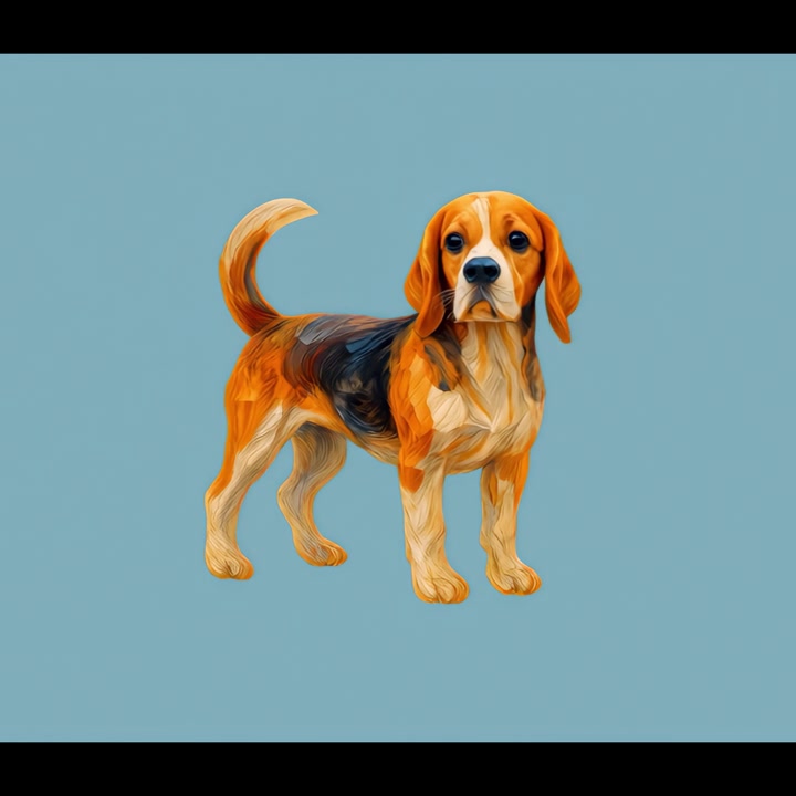 Cane beagle animato che cammina su sfondo blu uniforme