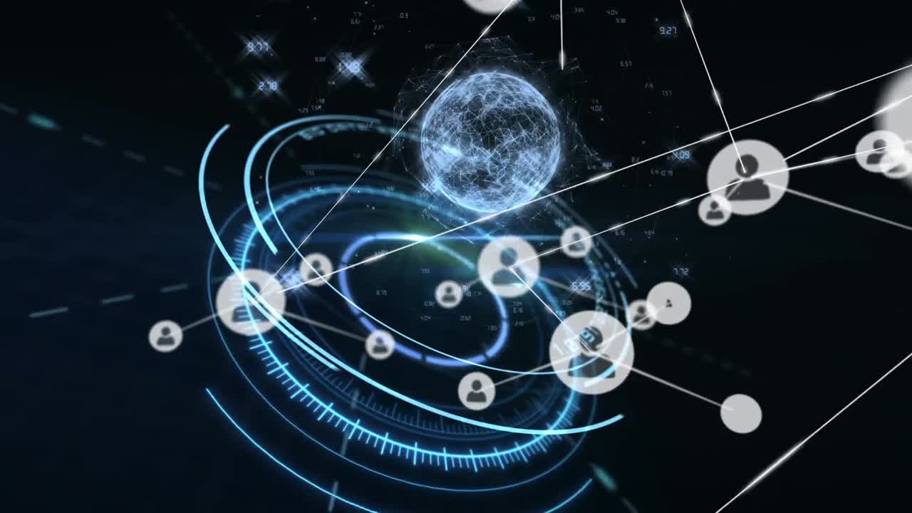 블랙 배경에 전 세계 연결 네트워크의 애니메이션과 범위 스캐닝