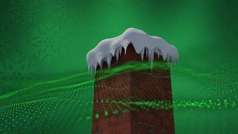 onda digital verde sobre nieve cubierta chimenea de pared de ladrillo contra copos de nieve en fondo verde