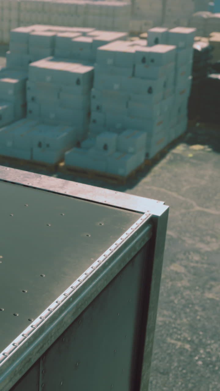 Contenedor de carga apoyado en un muelle soleado, rodeado de cajas apiladas.