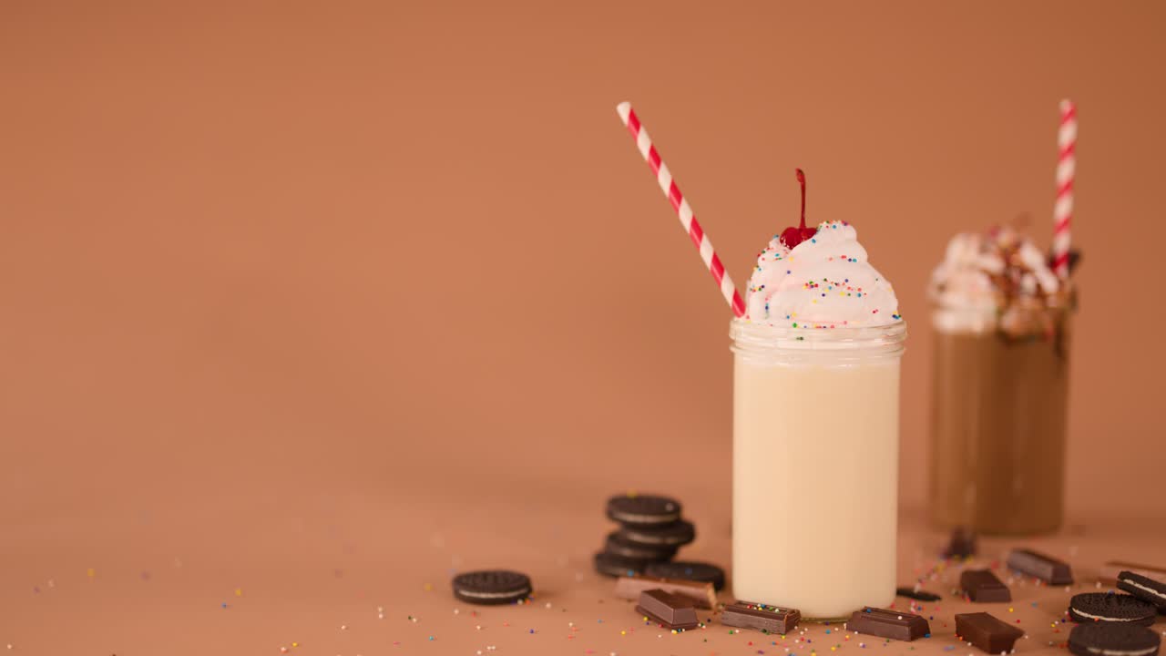 Static close-up of creamy milkshakes with whipped cream, cherry, cookies, and candy pieces