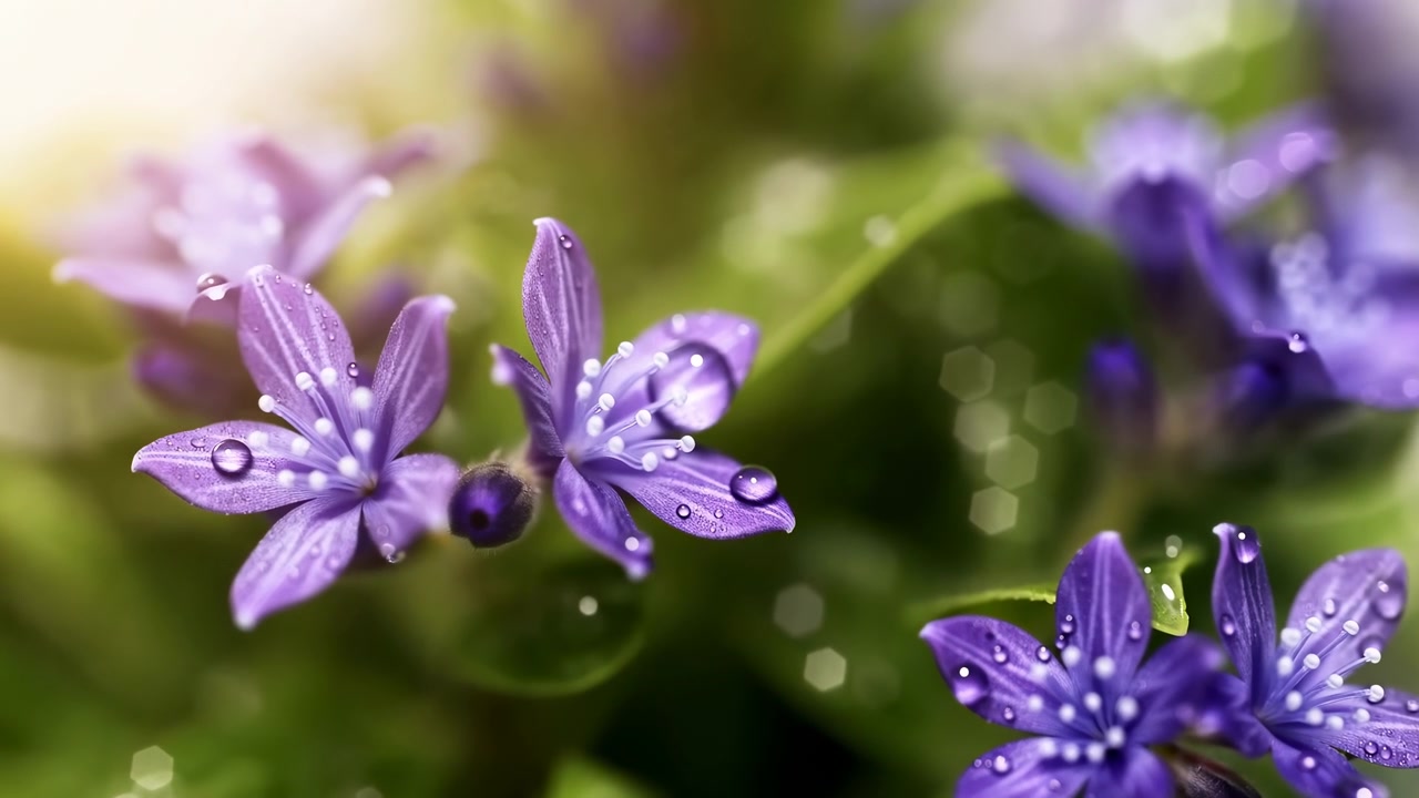Primo piano di fiori selvatici viola coperti da fresche goccioline d'acqua, che brillano alla luce soffusa del sole su uno sfondo verde sfocato con un delicato effetto bokeh.