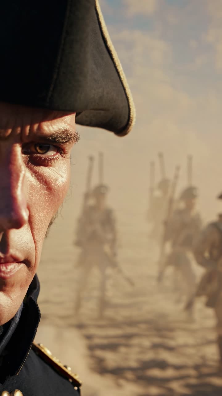 Close-up shot of a soldier in historical uniform, with a dramatic, cinematic style