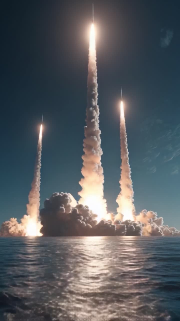 A Stunning Display of Power and Technology: The Launch of Three Rockets with Fiery Exhaust Clouds Illuminating the Ocean Below in a Dramatic Aerospace Spectacle
