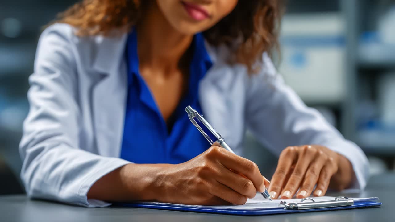 A Focused Professional Engaged in Detailed Note-Taking While Dressed in a Lab Coat Amidst a Scientific Environment, Highlighting the Importance of Documentation in Fieldwork and Research