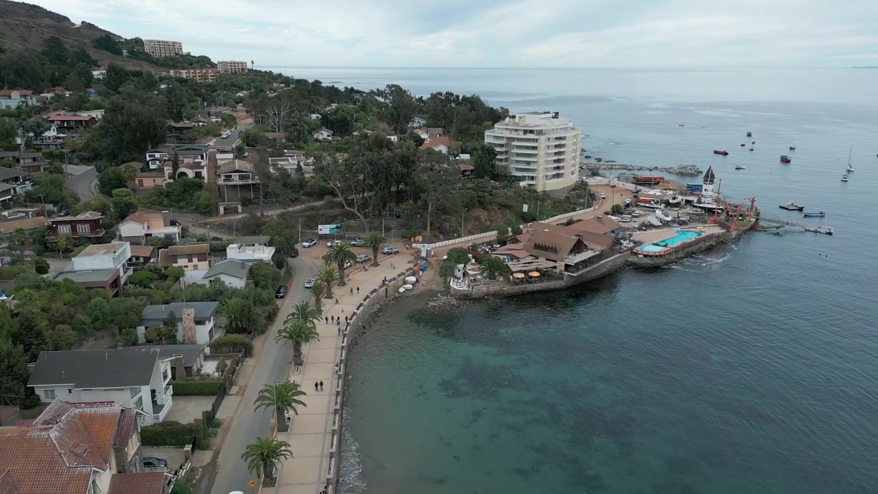Voo panorâmico sobre um calçadão costeiro com palmeiras, revelando uma baía calma com barcos ancorados e edifícios de resort à beira-mar. Papudo, Chile.