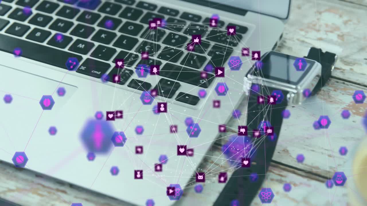 animación de iconos e iconos conectados que forman un globo sobre el reloj inteligente, la taza de café y la computadora portátil en la mesa